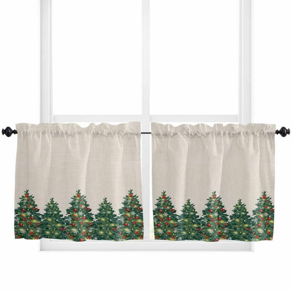 Rustic Christmas Tree Kitchen Curtain 2 Panels Tiers Curtains 36 Inch Length, Winter Snowflake Xmas Tree Curtains Rod Pocket Curtains Window Drapes Treatment Window Cafe Curtains