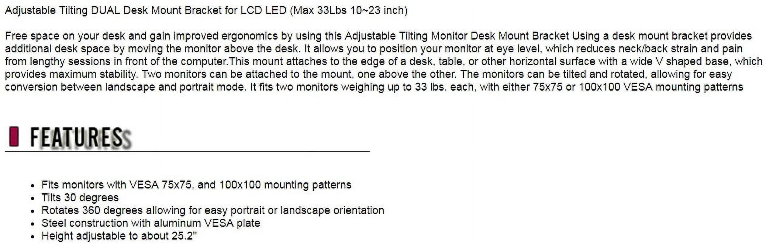 Adjustable Tilting DUAL Desk Mount Bracket for LCD LED (Max 33Lbs 10~23 inch)
