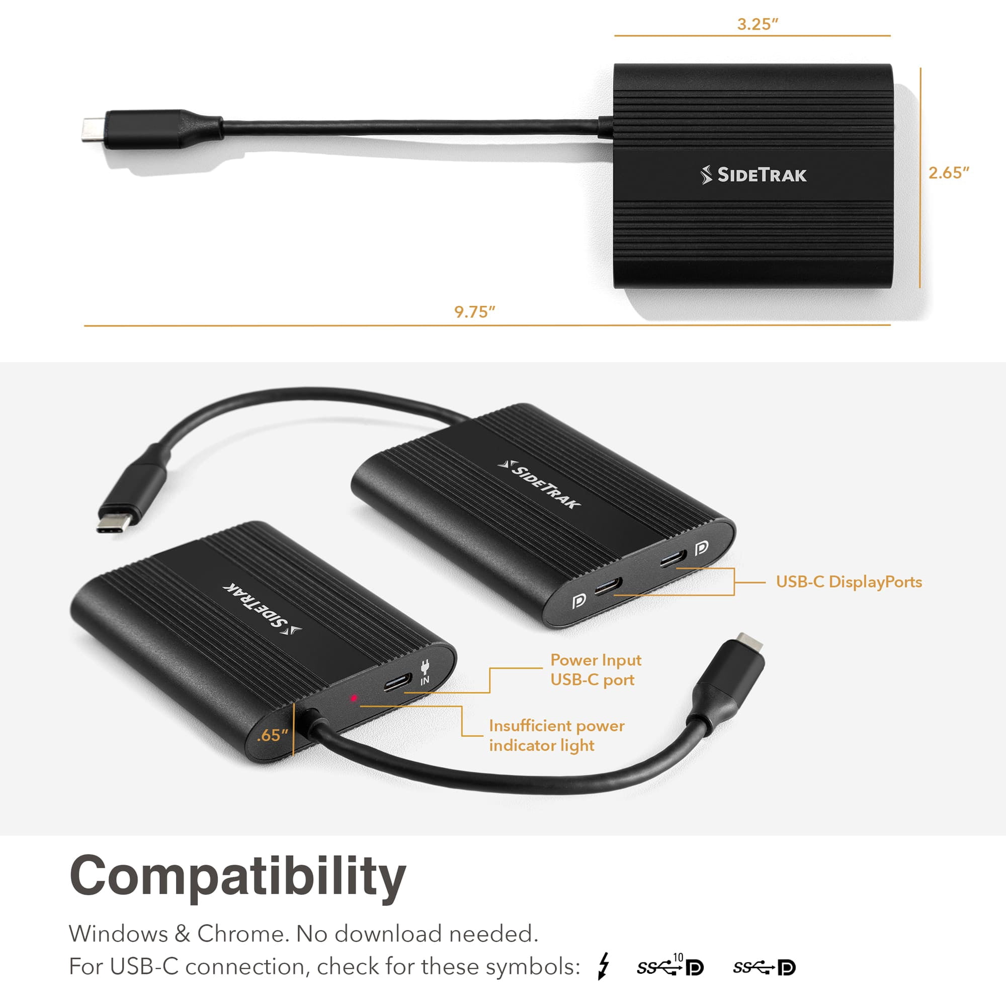SideTrak USB-C Hub Adapter | Compatible with SideTrak Solo and Swivel Triple Screen Monitors | Compatible with Windows Operating Systems | Aluminum USB Type C with Pass-Through Power
