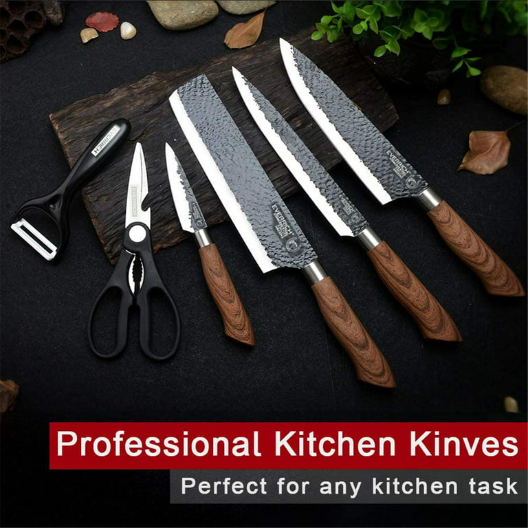  Carbon Knife Set with Block – 6-Piece Never-Dull Kitchen Knife  Set – Meat, Veggie, Bread Knife Set – Nonstick Chef Knife Cooking Knives  for Kitchen – Precise-Slice Carbon Steel by Chef