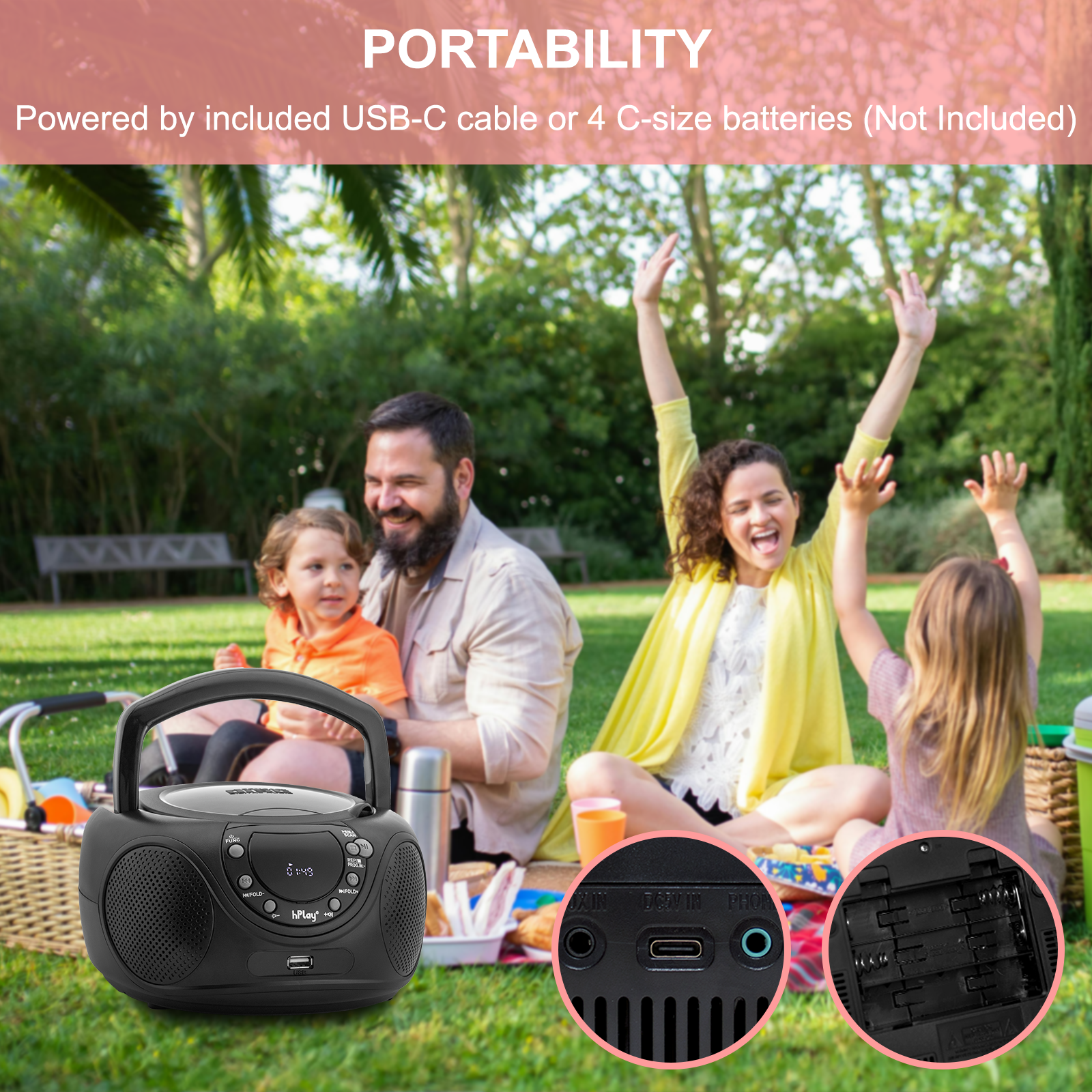 hPlay P16 Portable CD Player Boombox with Bluetooth, FM Digital Radio, USB/MP3 Playback, Aux-in & Headphone Jack - AC/Battery Powered Stereo System (Black)