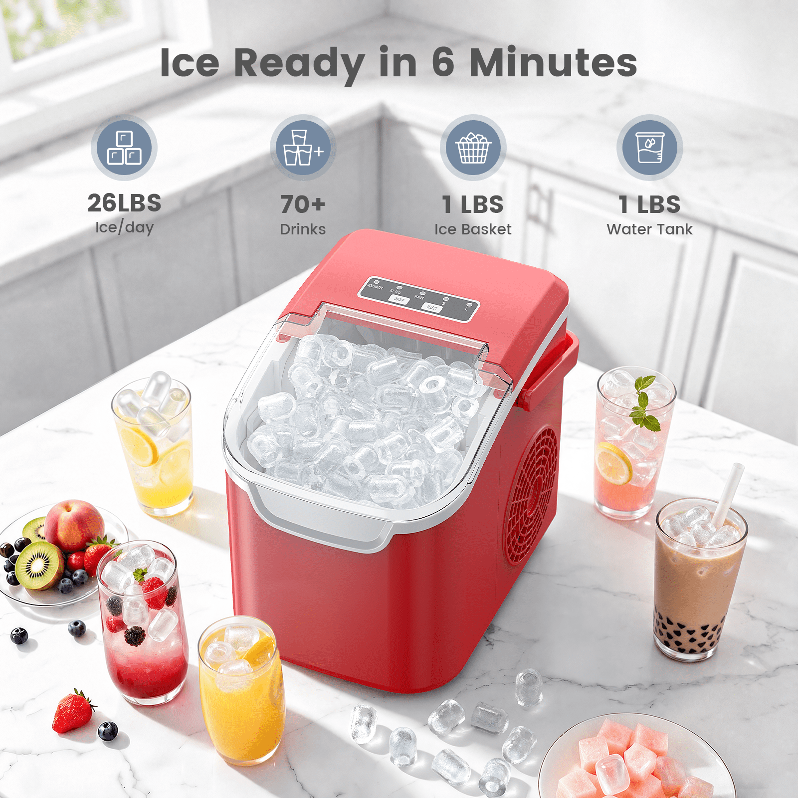KNDKO Countertop Ice Maker Ice Machine With Handle,Self-Cleaning Ice Makers, 26Lbs/24H, 8 Ice Cubes Ready In 6 Mins For Home/Kitchen/Bar/Party/Camping