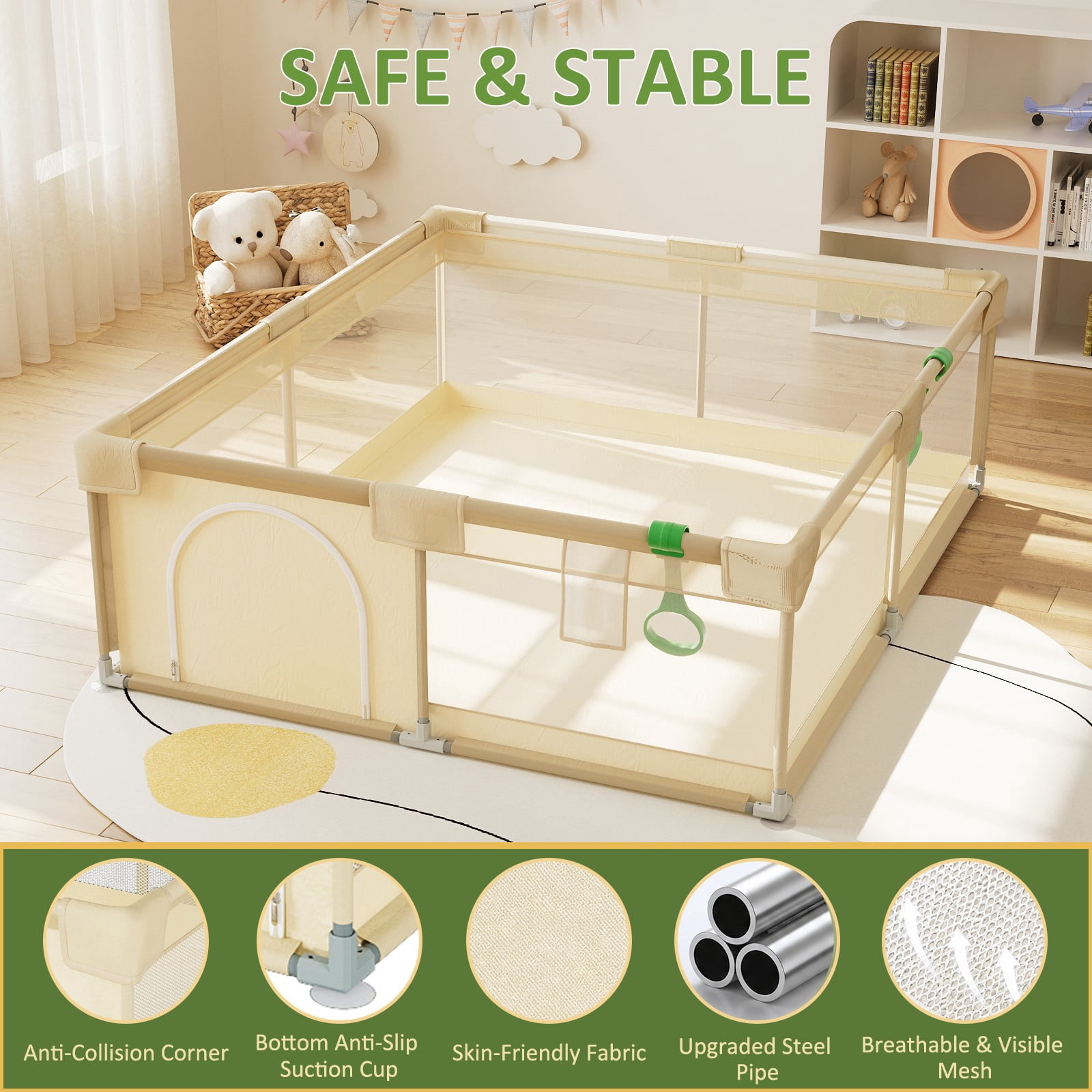 BEAUTYPEAK 71"x60" Large Baby Playpen Toddler Play Yard Fence for Boys and Girls, Pale Yellow