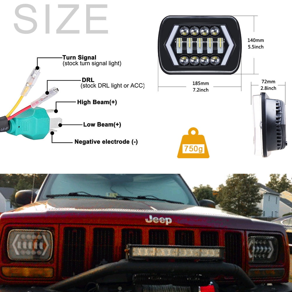Sunpie 5x7 7x6  Led Headlight 85W with High Low Beam DRL H6054 5054 Rectangular Sealed Beam for Jeep Wrangler YJ 6054 H5054 Cherokee XJ Truck (2pcs/set)