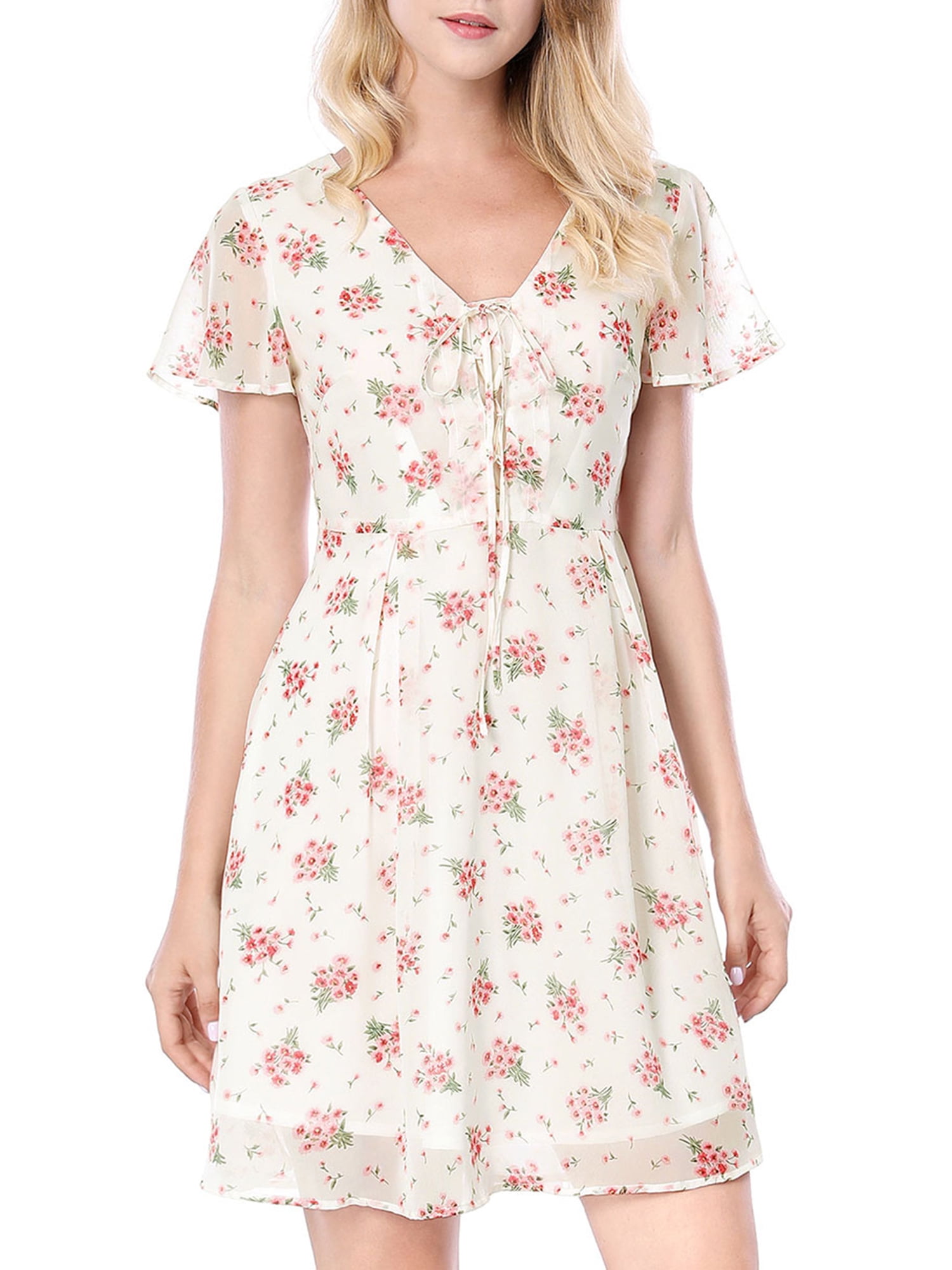 DARING DIVA Floral Flouncing Sleeve V Neck A-Line Chiffon Dress  S White