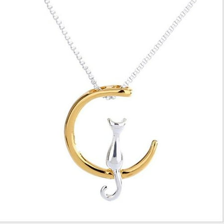 Best Cat Christmas Gifts KABOER Silver Moon Cat Pendant Necklace For Women Birthday Best Gift Collar Woman Girl Christmas Jewelry Gift ()