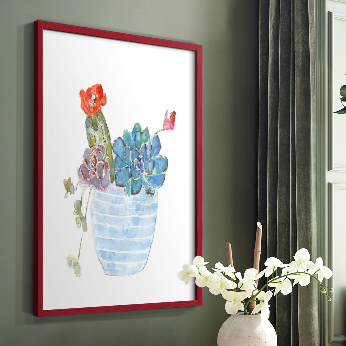 Cactus and Succulent Blooms I Framed Print in Red Solid Wood Framed Print No Nail Hanging
