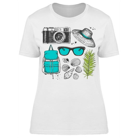 Hand Drawn Camera Hat Graphic T-Shirt Women -Image by Shutterstock, Female Large