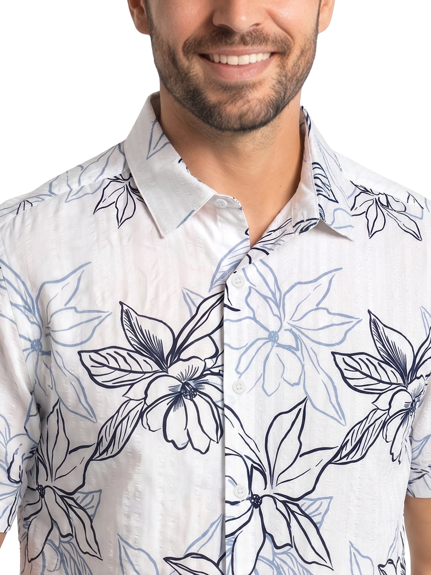 Cafe Luna Men’s and Big Men’s Seersucker Tropical Floral Print Short Sleeve Button-Down Shirt, S-5XL