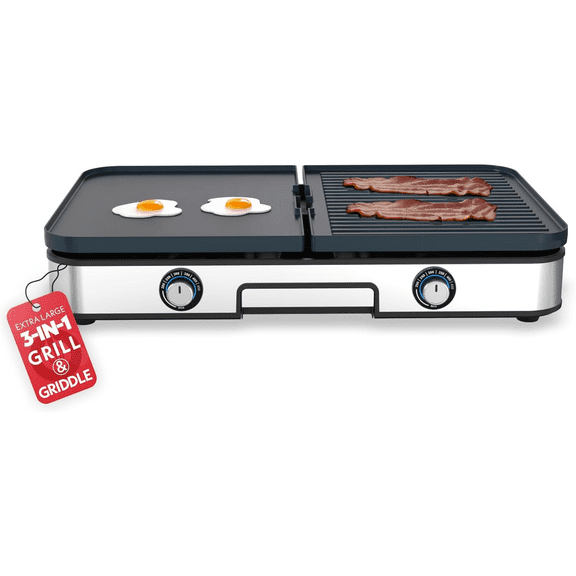 3-in-1 Indoor Grill/Griddle Electric Combo - 250-400°F Adjustable Dual Cooking Zones with Removable Nonstick Reversible Ceramic Plates - Non Toxic Dishwasher Safe Countertop Kitchen Appliances