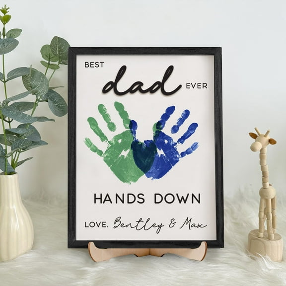 Personalized Father Handprint, Best Dad Ever Hands Down Frame, Engraved Wooden Sign, Celebrate Dad with Handprints, Hands Print Sign, 8x10 inches
