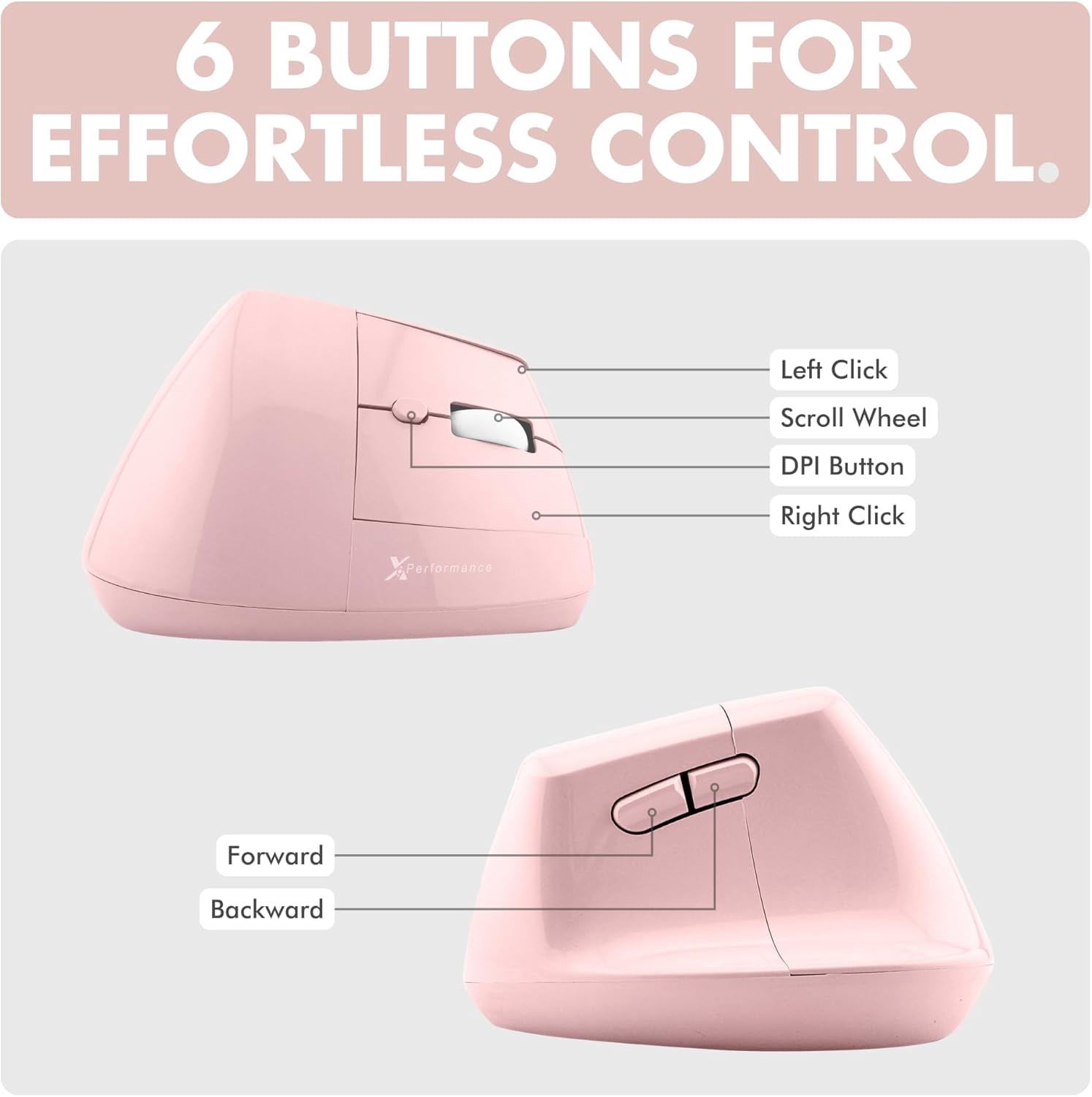 X9 Performance Wireless Vertical Ergonomic Mouse - (BT + 2.4Ghz) - Click in Comfort - Up to 4000 DPI, 6 Button, Rechargeable - Bluetooth Ergonomic Vertical Mouse Wireless - For Mac and PC - Pink