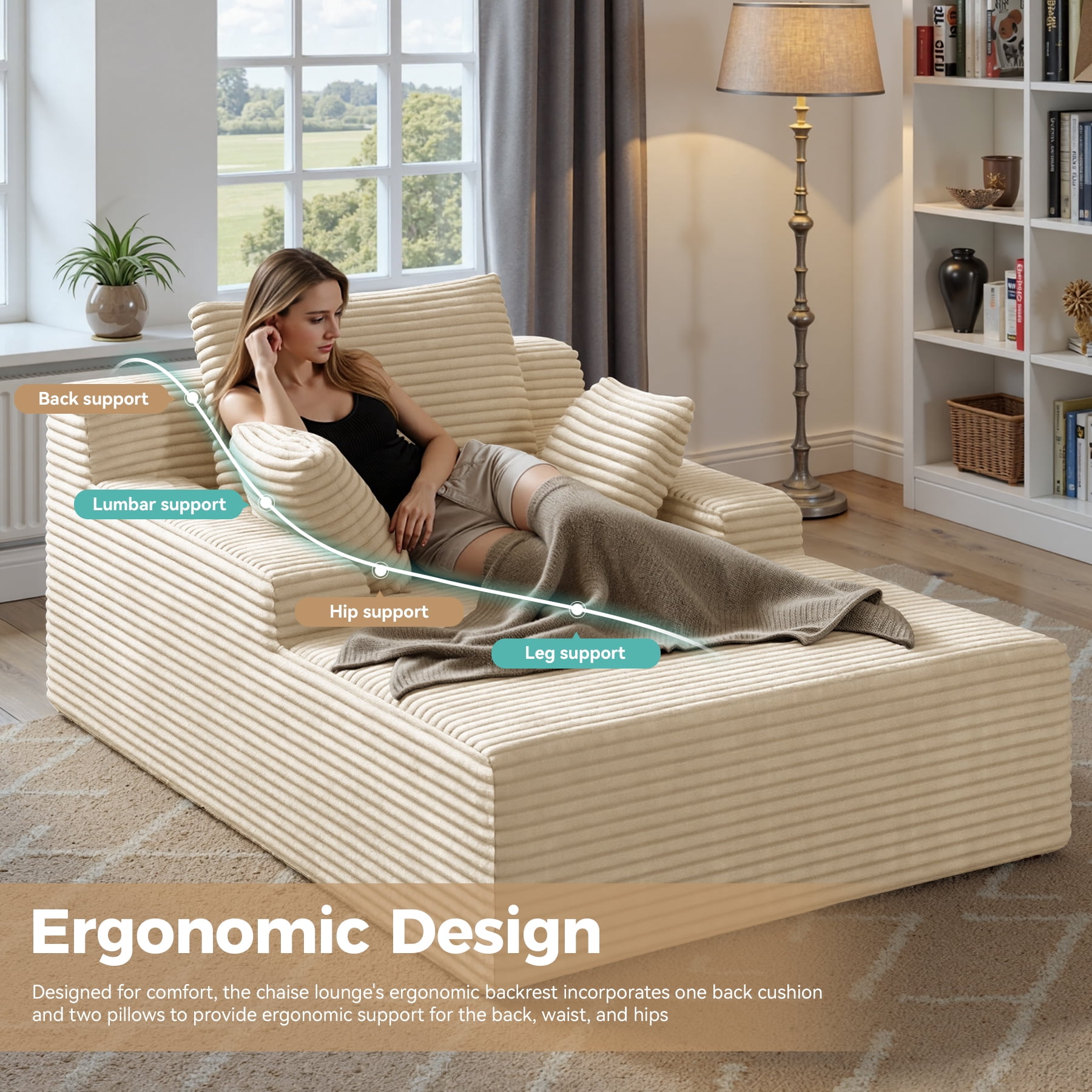 MOONMISS 68" Oversize Chaise Lounge Chair Indoor,Comfy Non-assembly Sofa Couches With 3 Pillows,Khaki