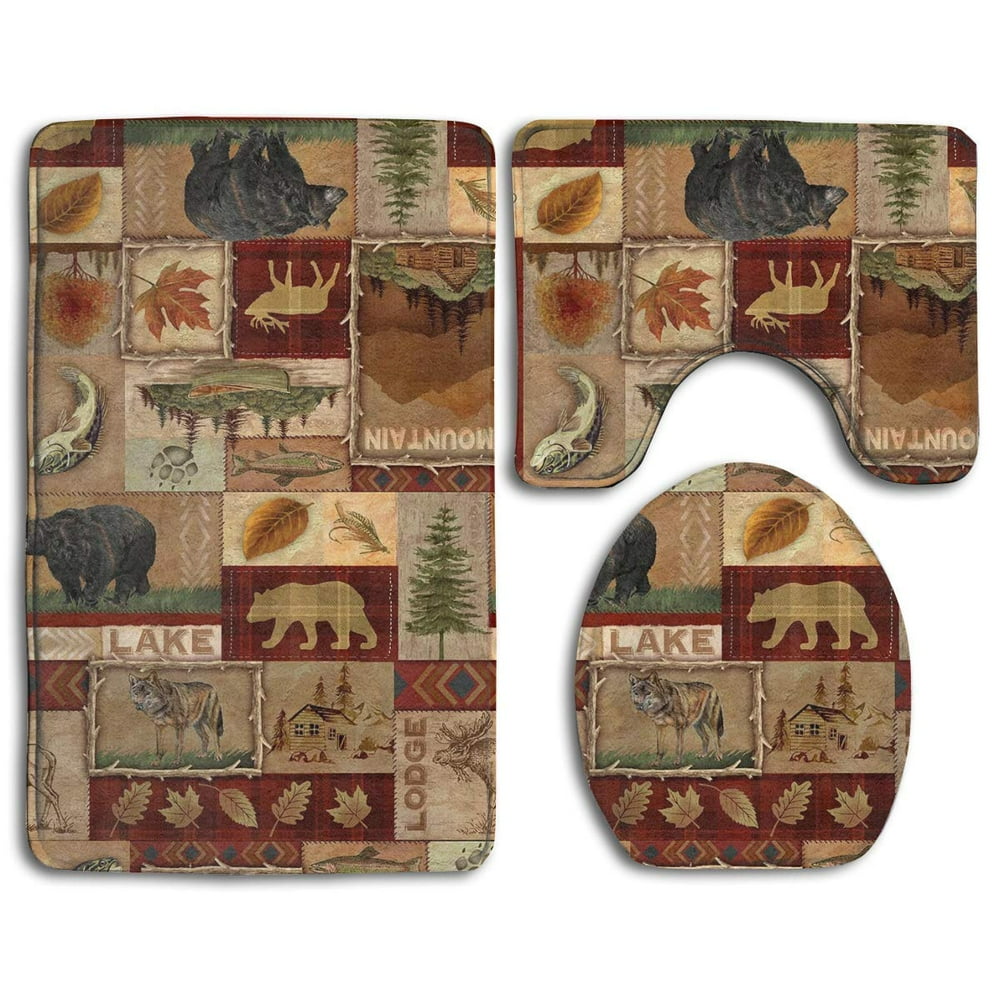 GOHAO Rustic Lodge Bear Moose Deer 3 Piece Bathroom Rugs Set Bath Rug