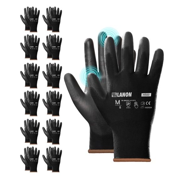 LANON 12 Paires de Gants de Travail de Sécurité, Gants de Mécanicien pour Hommes, Revêtement PU Respirant, Tricot Sans Coutures, Double Lavage, Noir, Moyen