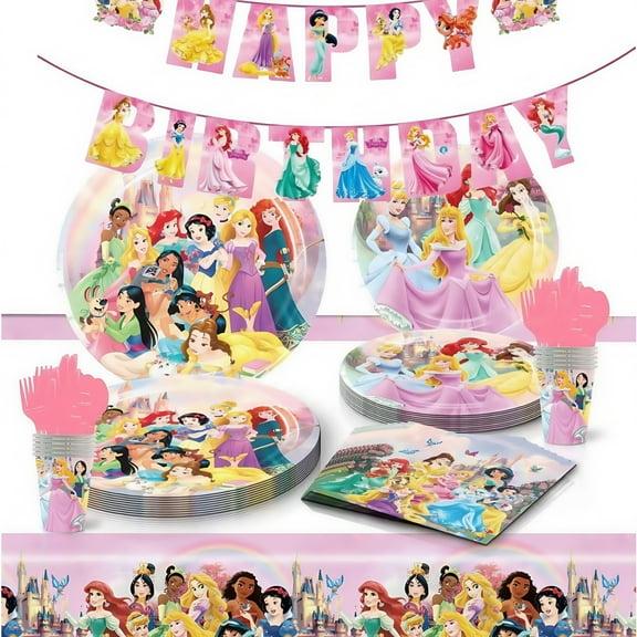 Cartoon Princess birthday party decoration supplies,Cartoon Princess party supplies include Cartoon Princess tablecloths, banners, plates, napkins, cups, party decorations for girls and kids