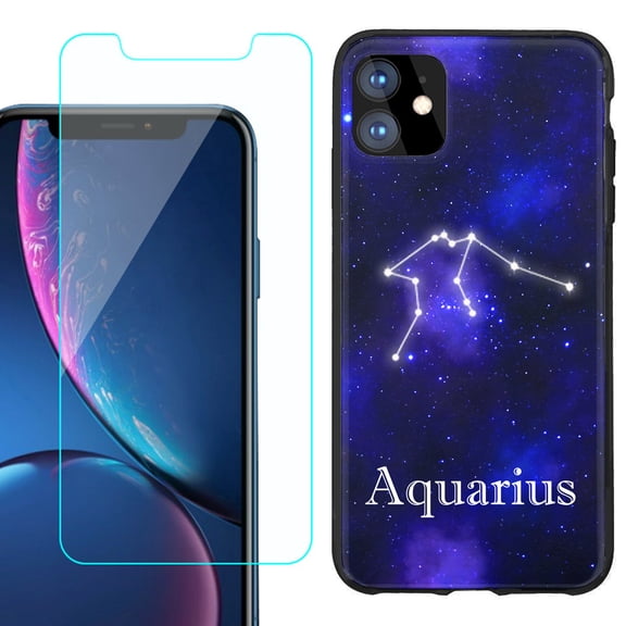 For Apple iPhone 11 Phone Case , Slim-Fit TPU Protective Case (Black), with Tempered Glass Screen Protector, by OneToughShield ® - Zodiac / Aquarius