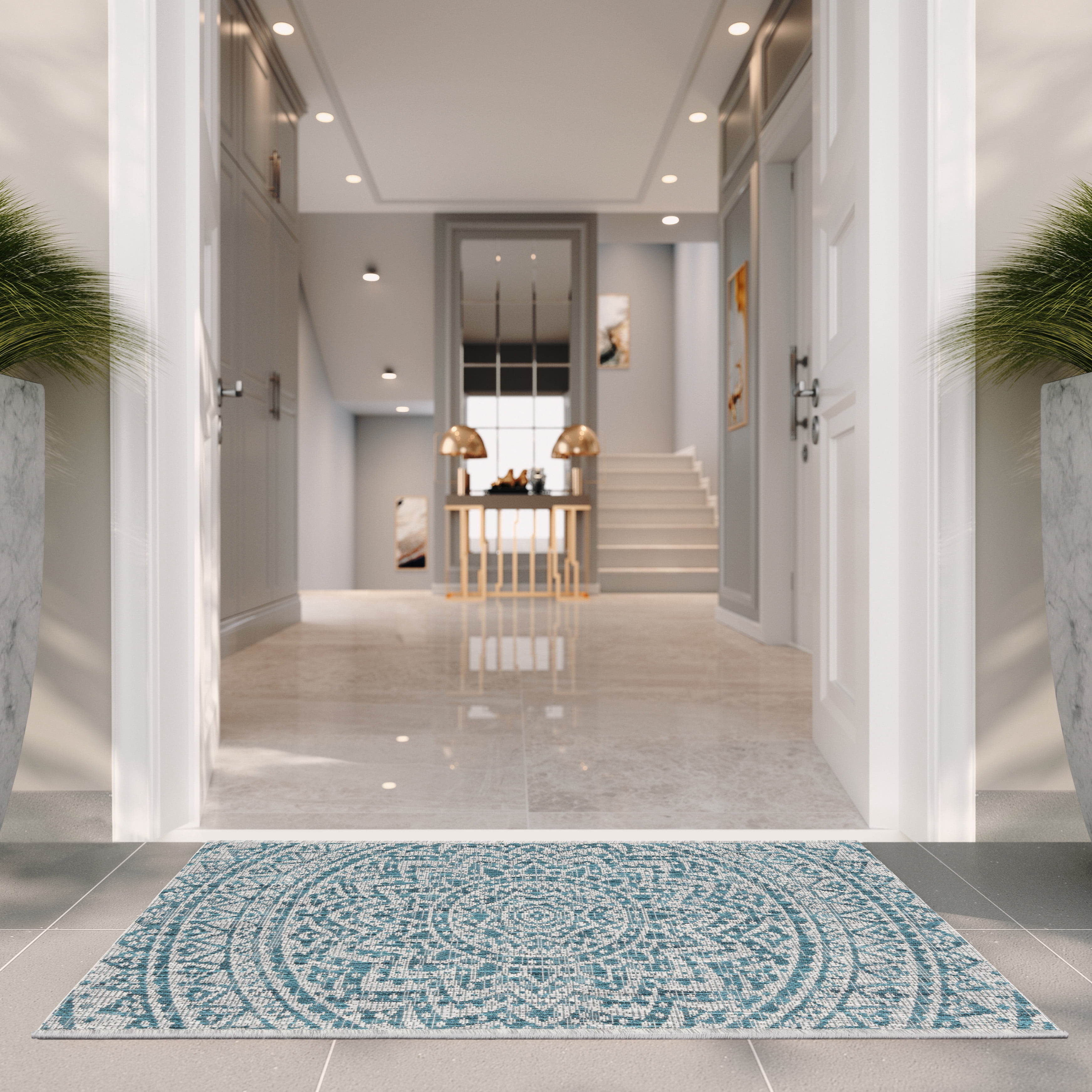 Safavieh Courtyard Josiah Floral Medallion Indoor/Outdoor Area Rug, Light Gray/Teal, 4' x 4' Square