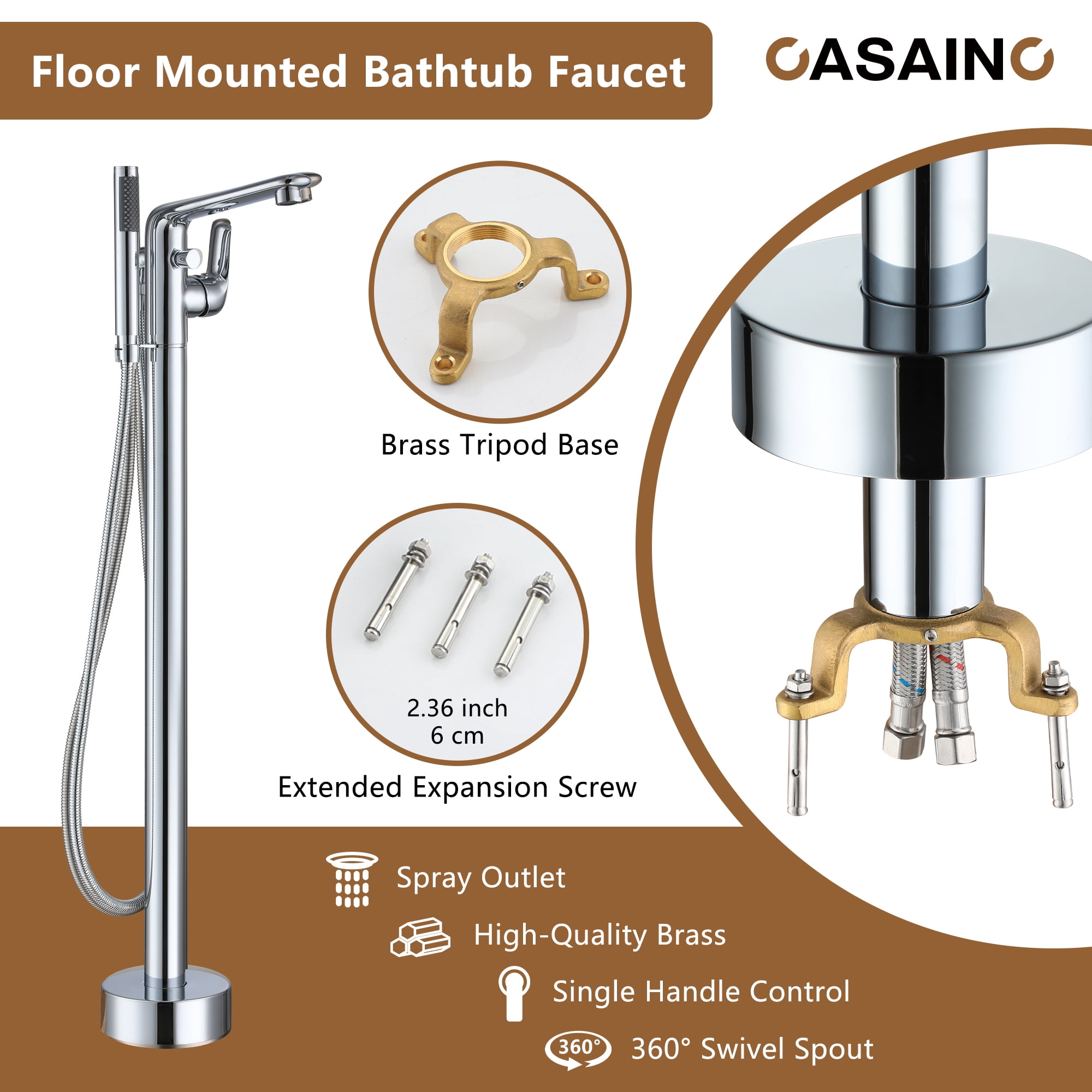CASAINC Single-Handle Modern Floor Mount Freestanding Bathtub Faucet with Handheld Shower in Chrome Plated