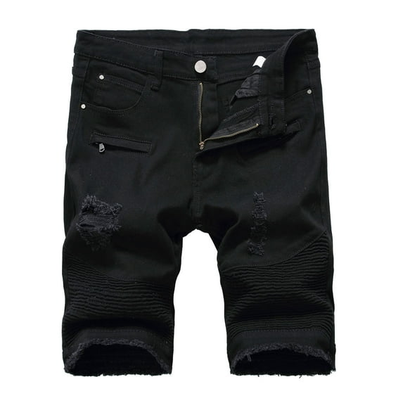 VSSSJ Casual Jeans for Men Relaxed Fit Ripped Solid Color Micro Elastic Waist Zipper Button Five Point Short Pants Leisure Stretchy Washed Denim Shorts Black XXXL