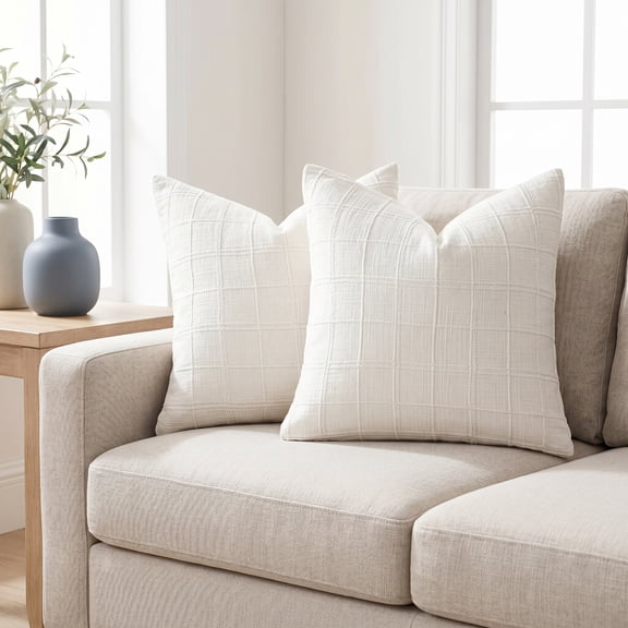 Set of 2 Decorative Linen Check Throw Pillow Covers with Inserts - 18x18 Inch Neutral Farmhouse Boho Cushion Covers for Sofa, Living Room, Bedroom (White)