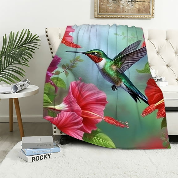 Creowell Hummingbird Flowers Leaves Print Flannel Throw Blanket for All Seasons - Lightweight, Cozy, Anti-Wrinkle 40x50in