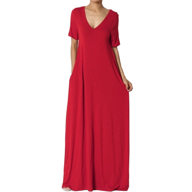TheMogan Robe Maxi Surdimensionnée en Jersey Doux pour Femmes, Col en V, Manches Courtes avec Poche