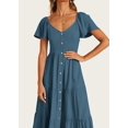 thumbnail image 3 of FreshPretty Women Spring Summer Casual Linen Short Sleeve Midi Dress Button V Neck Tiered Vacation Sundress with Pockets, 3 of 6