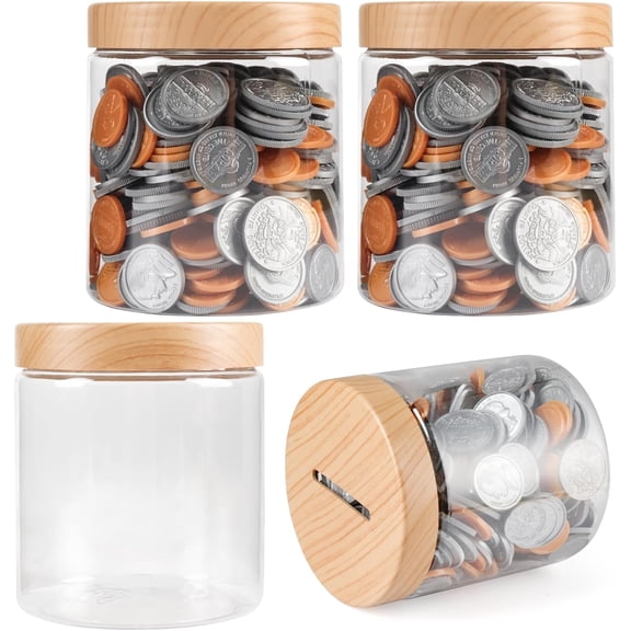 Small Coin Bank Jars 4-Pack, 16oz Clear Plastic Coin Money Tip Coin Jars with Slotted Lids, Small Transparent Plastic Coin Money Piggy Banks Jars for Adults Teens Girls Boys