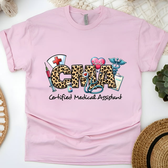 CMA Leopard Print Graphic T-Shirt, Certified Medical Assistant Tee, Light Pink, Size XL