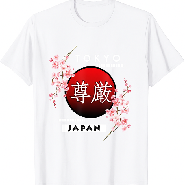 Women's Tokyo Japan Cherry Blossom Graphic T-Shirt, 100% Short Sleeve Crew Neck Casual Top with Red Sun & Japanese Print, Perfect for Spring & Summer