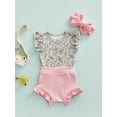 thumbnail image 2 of Baby Girls Flower Print Fly Sleeves Romper, Ribbed Shorts and Headdress, 2 of 9