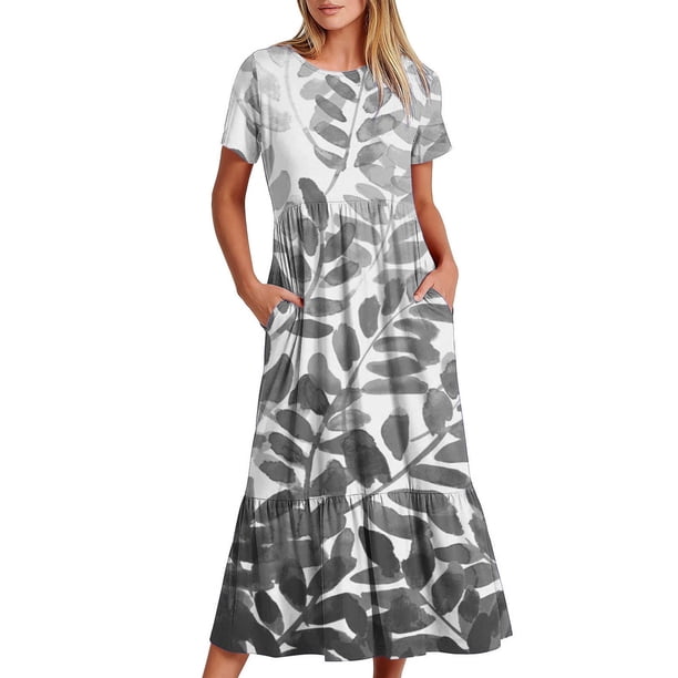 Vestido de Manga Corta para Mujeres Vestido de Verano de Cuello Redondo Impreso, Poliéster de Tamaño Verdadero Diario Y Vestido de Fiesta