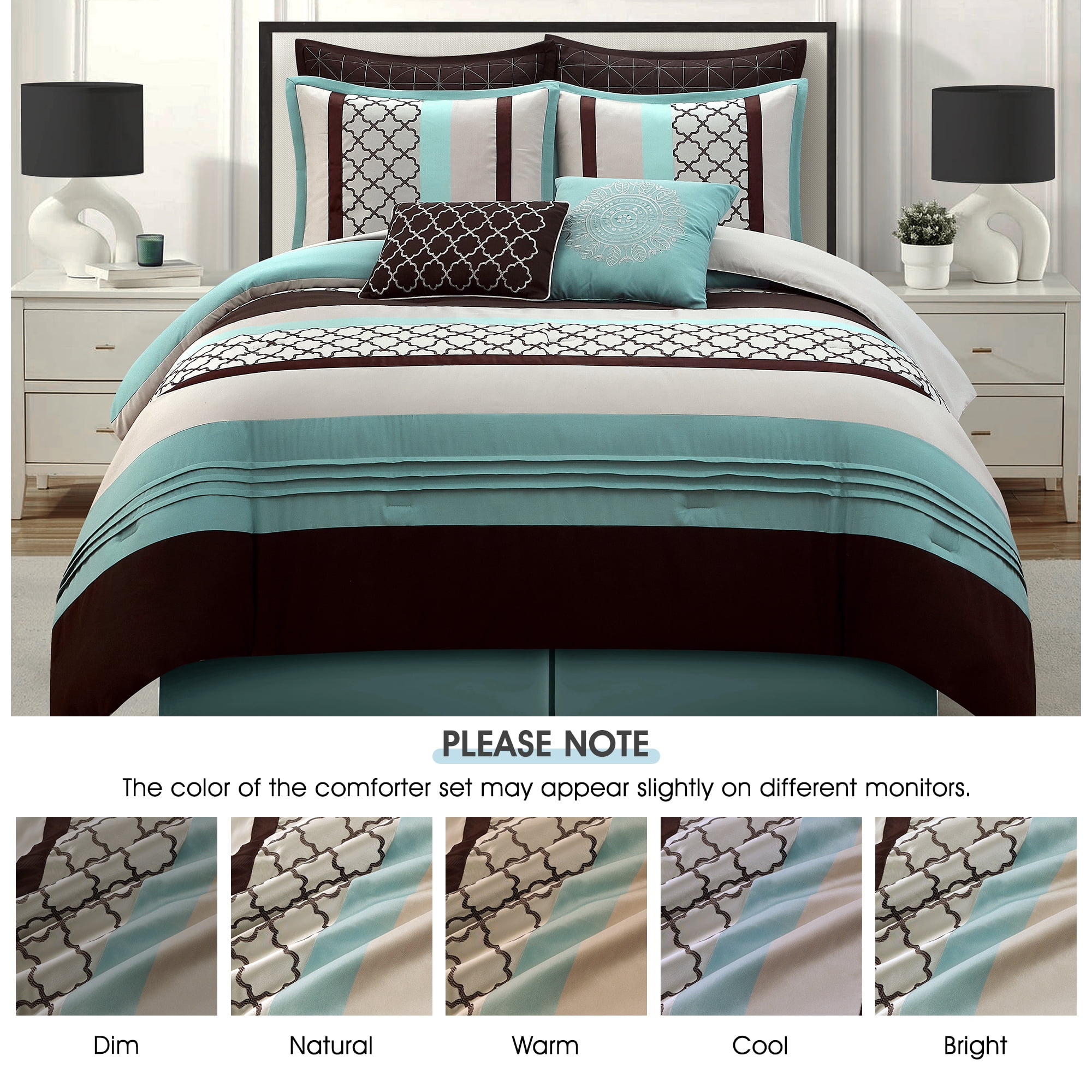 Lanco Moroccan Aqua/Brown/Light Blue 8-Piece Comforter Set, Grey, King, Striped/Geometric Patchwork