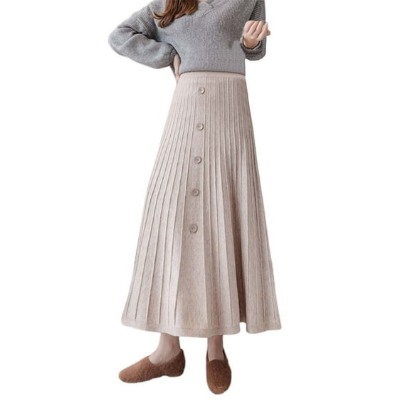 Women’s Long Knitted A Line Pleated Skirt For Fall And Winter Slim Fit Maxi Skirt