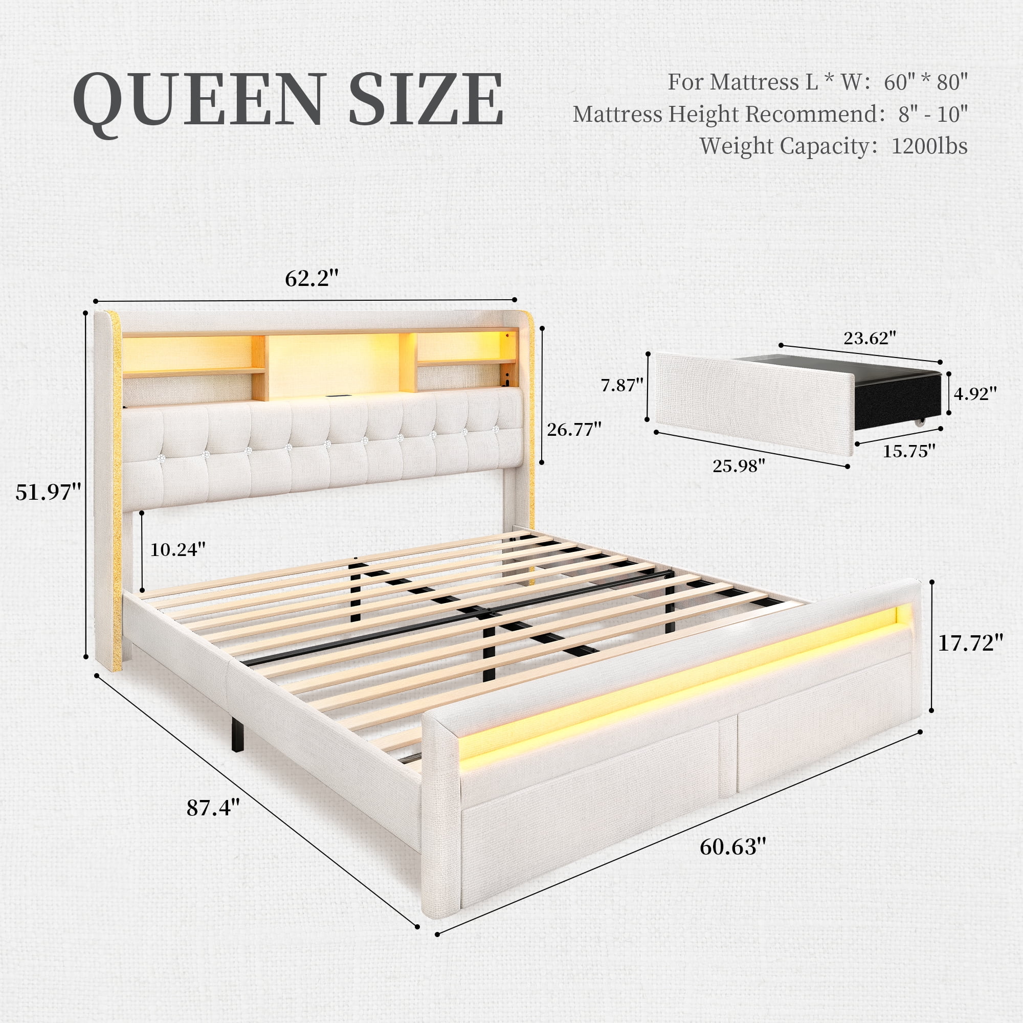 SIBEDS LED Bed Frame with 2 Storage Drawers and Linen Natural Upholstered Wingback Headboard, Queen