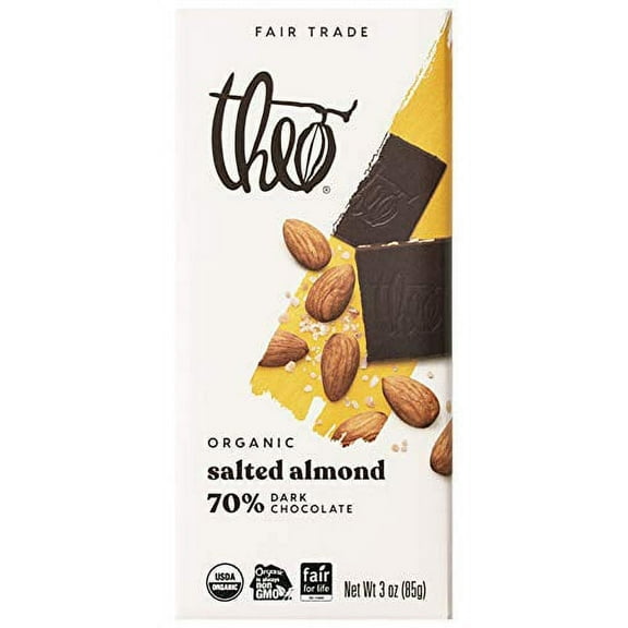 Theo Chocolate Organic Fair Trade 70% Dark Chocolate Bar Salted Almond 3 oz Pack of 2