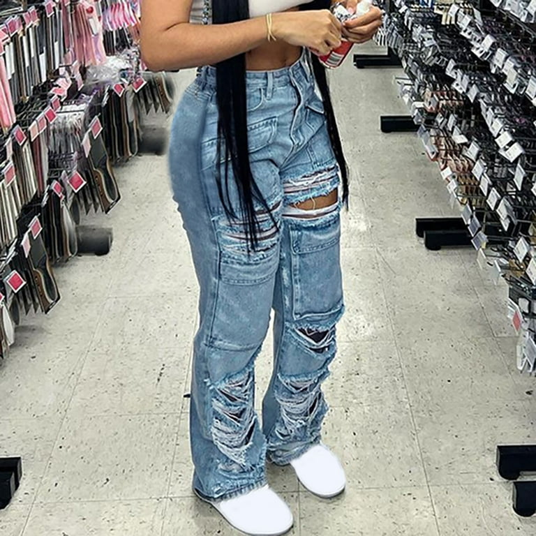 Women s Cargo Denim Jean High Waist Straight Leg Ripped Jeans Multi Pockets Distressed Denim Pants