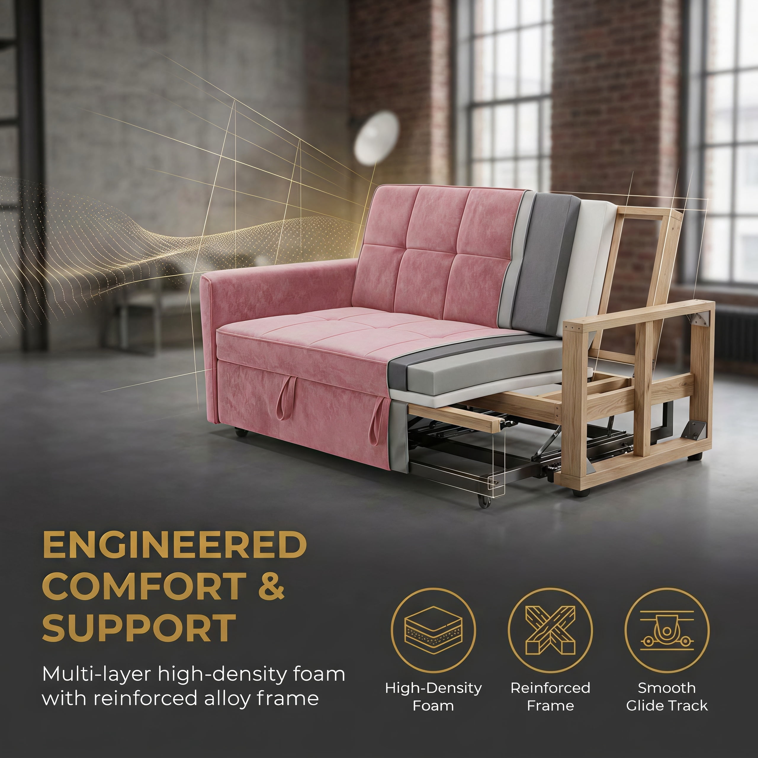 54" Convertible Sleeper Sofa Bed, Modern Velvet 3-in-1 Pull Out Loveseat Couch with 5-Position Backrest & Side Storage Pocket for Living Room, Pink
