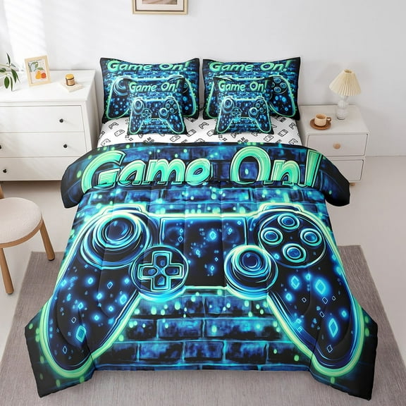 Cool Gamepad Comforter Set Bed in a Bag 7 Pieces Full, Men Game Bedding Gamer Bedding Set,Modern Game Controller (Comforter Fitted Flat Sheet 2 Pillowcases 2 Throw Pillow Covers)