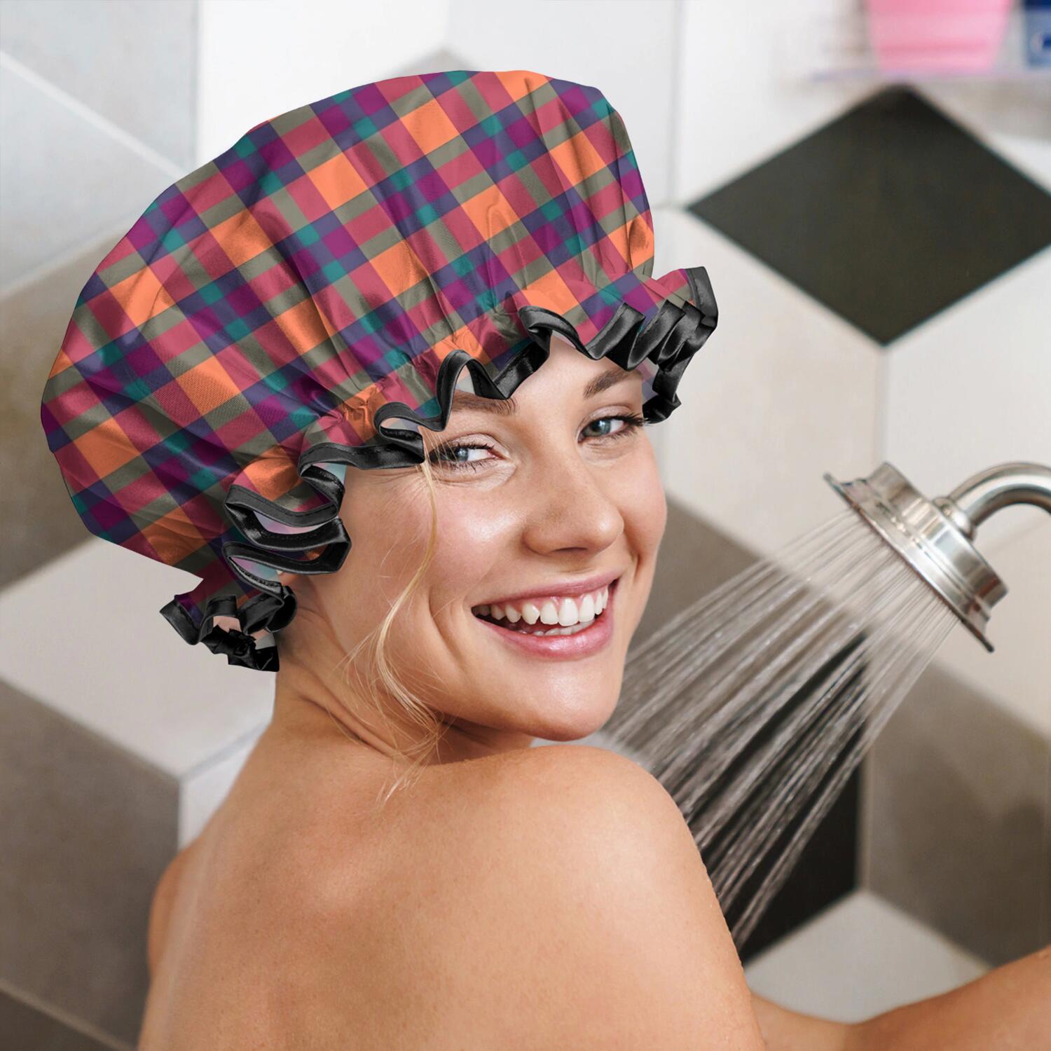 Shower Caps,Multi Color Checkerboard Checkered Pattern Waterproof Shower Cap for Women 4 Pieces,Double Reusable Hair Cover for Shower PEVA Elastic Stretch Hem