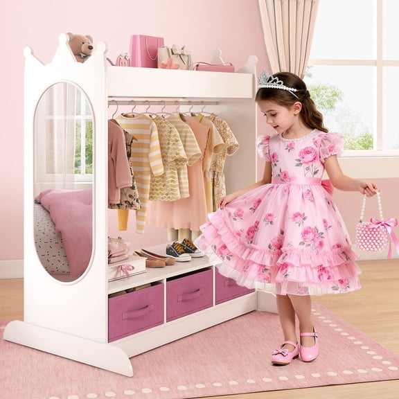 White Kids Dress Up Storage with Mirror & Drawer Pretend Closet Armoire Wardrobe Bedroom Girls Gifts