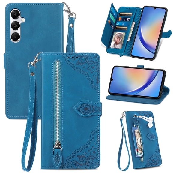 SYITOOCK Phone Case for Samsung Galaxy A35 5G, Shockproof PU Leather Wallet Case with Card Slots Anti-Scratch Stand Magnetic Flip Zipper Pocket Cover for Samsung Galaxy A35 5G, Blue