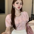 thumbnail image 1 of Blusas Rimocy de moda con cuello redondo y cuentas para mujer, blusas rosas de manga corta coreanas de verano para mujer, blusas cortas elegantes con perlas y botones., 1 of 6
