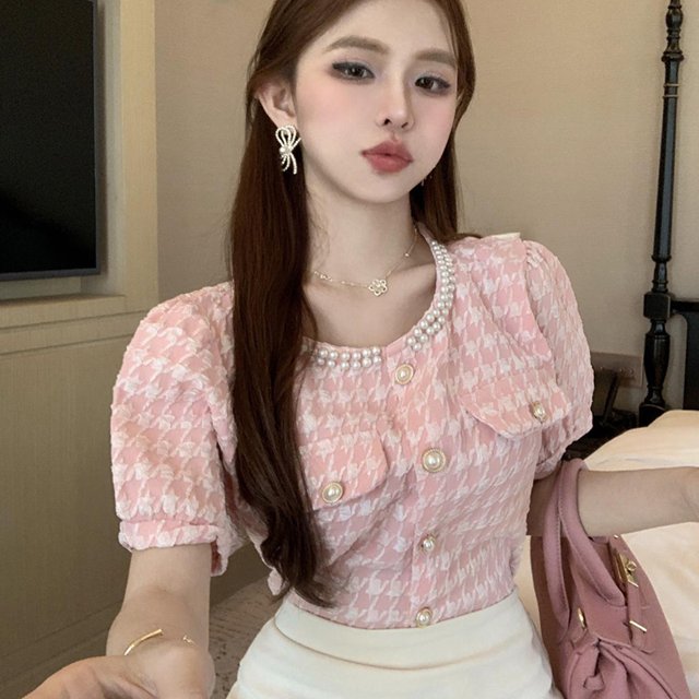 Blusas Rimocy de moda con cuello redondo y cuentas para mujer, blusas rosas de manga corta coreanas de verano para mujer, blusas cortas elegantes con perlas y botones.
