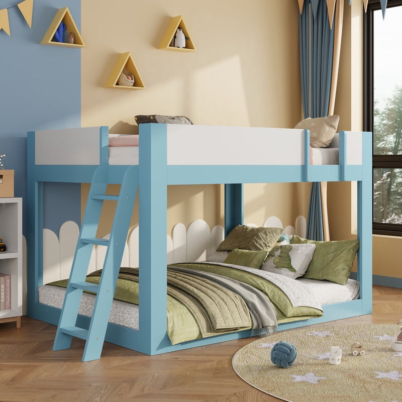 Queen-Over-Queen Low-Profile Bunk Bed with Guardrails, Wooden Kids Bed with Reversible Ladder, Accent Two-Tone Bed Frame