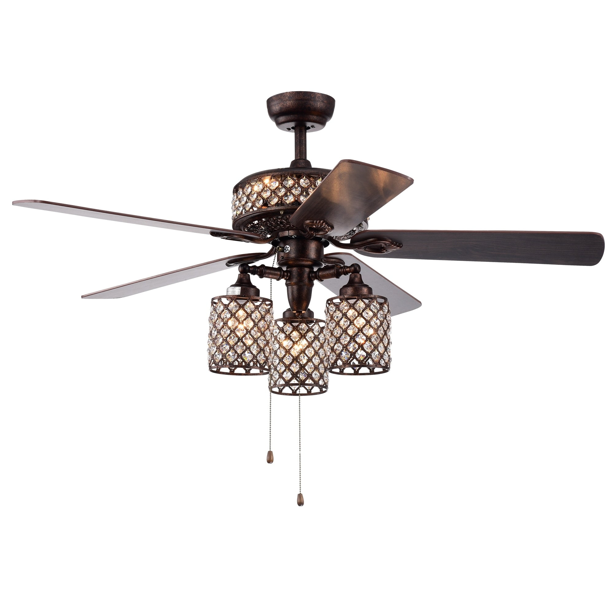 Pristil 5-Blade 52-Inch Rustic Bronze Lighted Ceiling Fans with Crystal Grid Shade