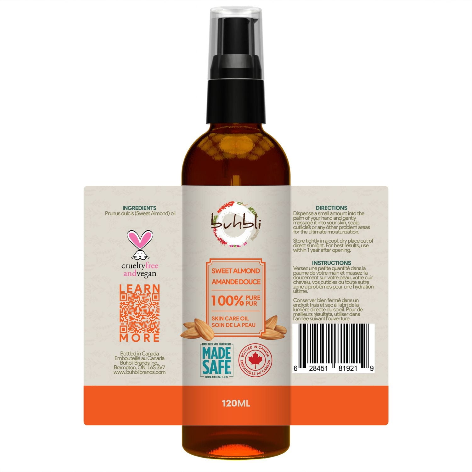Buhbli Brands - Sweet Almond Oil, 120ml, 100% Pure & Natural - Bottled in Canada