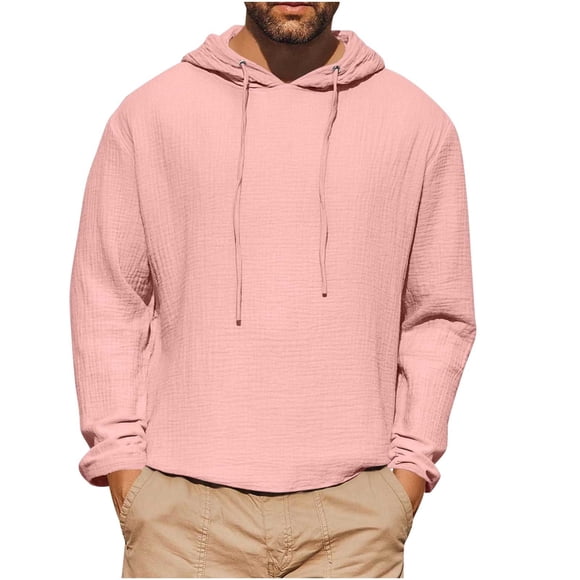 Pisexur Men's Hoodies Soft Lightweight Cotton Linen Shirts for Men Casual Long Sleeve Hooded Top Solid Color Lace Up Drawstring Basic Top S-2XL Pink
