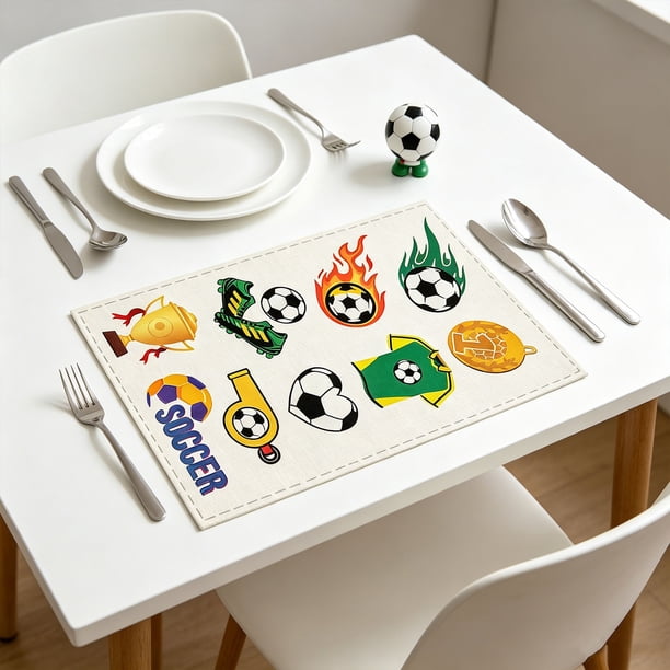 Mantel Individual con Temática de Fútbol, con Diseños de Balón, Trofeo y Portería: Mantel Antideslizante y Resistente Al Calor para Niños y Aficionados Al Deporte.